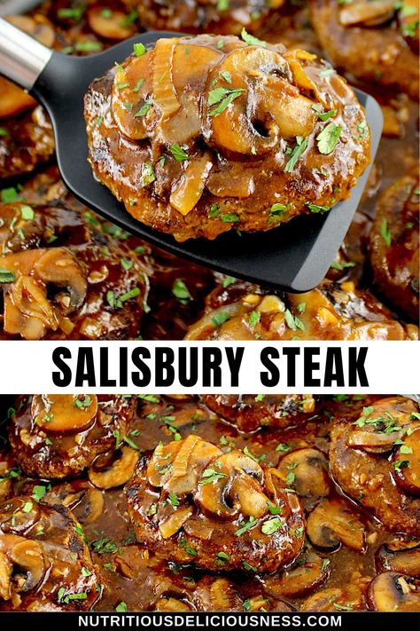 This recipe for Salisbury Steaks features perfectly seasoned beef patties, pan-seared and simmered in a rich mushroom and shallot gravy. It's an easy, healthy dish, perfect for busy weeknights. Salisbury Steak Recipe Easy, Shallot Gravy, Salisbury Steaks, Hamburger Steak And Gravy, Salisbury Steak Recipe, Nutritious Dinner, Mushroom Gravy Recipe, Salisbury Steak Recipes, Easy Steak Recipes