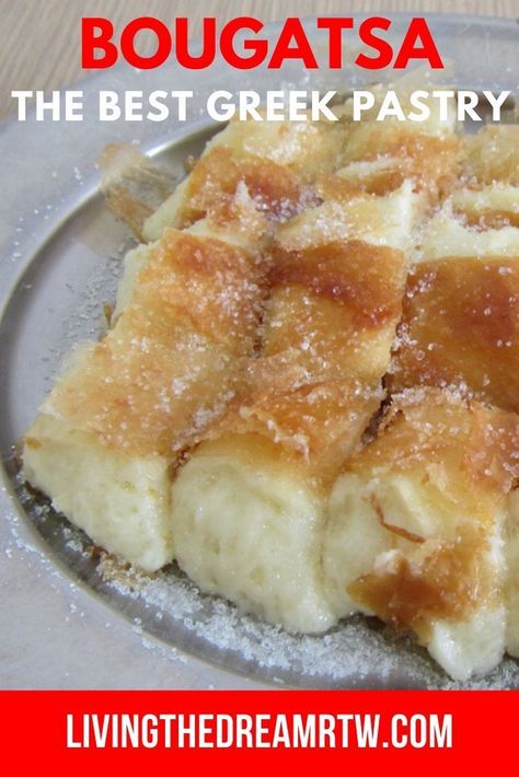 Bougatsa Recipe Greek Desserts, Bougatsa Recipe, Greek Pastry, Travel To Greece, Greek Recipes Dessert, Greek Pastries, Greek Sweets, European Recipes, Greek Desserts