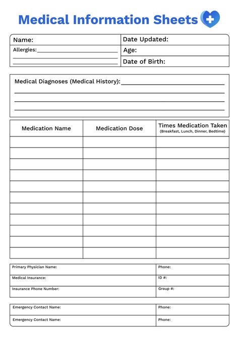 Printable Medical Information Sheets Emergency Information Printable, Doctor List Free Printable, Doctor Information Printable, Prepper Binder Printables, Medical Forms Free Printable Templates, Medication List Template, Family Emergency Binder Printables Free Templates, Medical Paperwork Organization, Finance Binder Printables Free