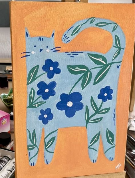 Painted Poster Ideas, Fun Art Paintings, Easy Acrylic Cat Painting Ideas, Easy Funky Painting, Canva Paint Ideas, Whimsical Painting Ideas, Funky Paintings Canvas Easy, Cat Painting Simple, Easy Cat Art