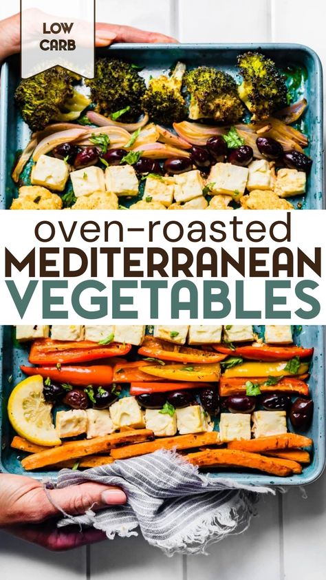 An overhead view of a blue sheet pan with Mediterranean roasted vegetables and feta being held by two hands. Mediterranean Lunch Meal Prep, Meal Prep Mediterranean Diet, Healthy 2025, Mediterranean Roasted Vegetables, Sheet Pan Mediterranean, Greek Marinade, Greek Vegetables, Roasted Mediterranean Vegetables, Dairy Free Protein