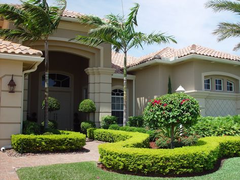 Front Door Landscape, Tuscan Exterior, Front Door Landscaping, Land Scaping, Florida Landscape, Mediterranean Landscape, Spanish Hacienda, Florida Landscaping, Backyard Walkway