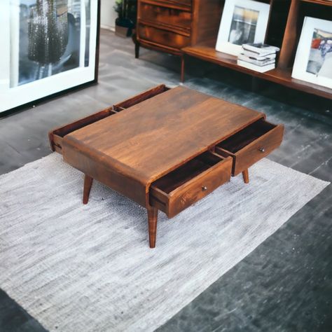 Mid Century Modern Coffee Table with 4 Storage Drawers in modern living room Coffee Table With Shelf Underneath, Coffee Tables With Drawers, Coffee Table Wood Modern, 70s Coffee Table, Coffee Table Scandinavian, Midcentury Coffee Table, Mcm Coffee Table, Coffee Table Low, Timber Coffee Table