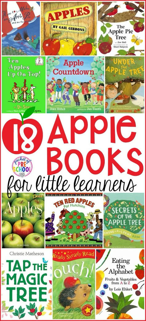 Apple Units For Kindergarten, Apple Theme Books Preschool, Apple Stories For Preschoolers, Apple Books For Kindergarten, Homeschool Apple Unit Study, Apples Lesson Plans For Toddlers, Apple Theme Literacy Activities, Apple Study Kindergarten, Pre K Apples Theme