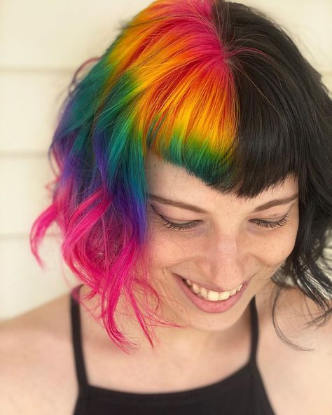 Dee | CT HAIR ARTIST on Instagram: “LOVE IS LOVE 💕 HALF & HALF  This hair can tell a story - be who you are and be proud ✌🏼 ☮️ • • I am the artist 👩‍🎤 @pulpriothair is the…” Rainbow Dyed Hair, Short Rainbow Hair, Color Wow Dream Coat, Wow Dream Coat, Fantasy Hair Color, Split Dyed Hair, Colourful Hair, Rainbow Hair Color, Split Hair