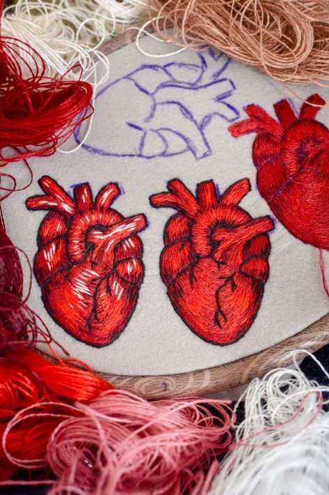 sewing Hand Embroidered Jewelry Art Embroidery on Brooches Hand Embroidery Videos Simple Embroi Pin Embroidery, Hand Embroidered Jewelry, Embroidered Jewelry, Heart Embroidery, Hand Embroidery Videos, Bead Embroidery Patterns, Embroidery Videos, Anatomical Heart, Thread Painting