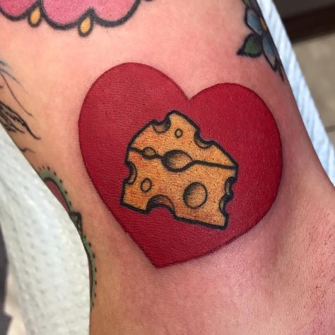 by Alex Strangler in LA. TWUE LUVVV Cheese Tattoo, Alex Strangler, Food Tattoos, Small Tats, Queen Tattoo, Heart Tattoo Designs, New School Tattoo, Dope Tattoos, Creative Tattoos