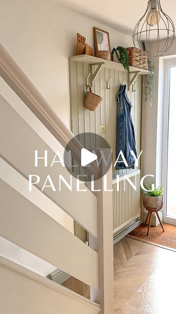 Green Hallway Paint, Cottagecore Hallway, Hallway Panelling Ideas, Tounge And Groove, Hallway Panelling, Stair Paneling, Stairs And Doors, Wood Primer, Tongue And Groove Panelling