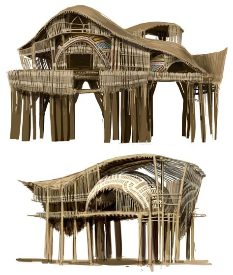 Stilt House, Love Character Design, Love Character, Bamboo Architecture, Guild Wars, House Art, Environment Design, World Building, Character Design References