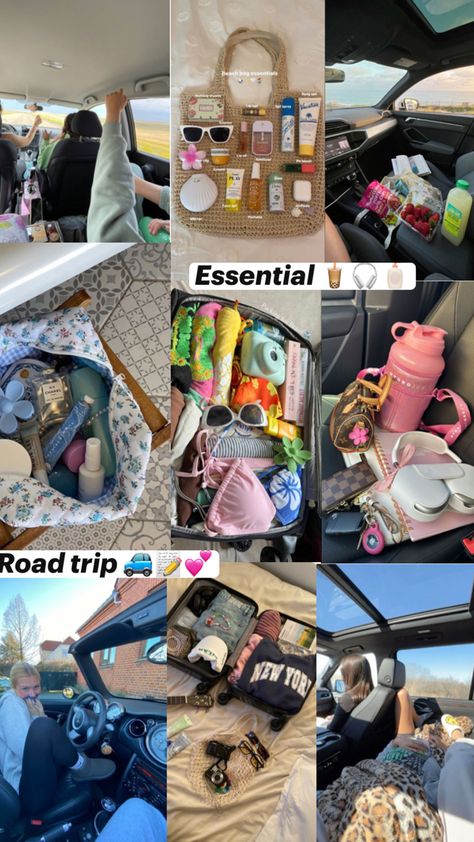 Road trip essentials 📝 Trip Essentials Aesthetic, Road Trip Essentials Aesthetic, Friendship Travel, Girls Friendship, Vision Board Images, Essentials Aesthetic, Road Trip Car, Hippie Nails, Airplane Essentials