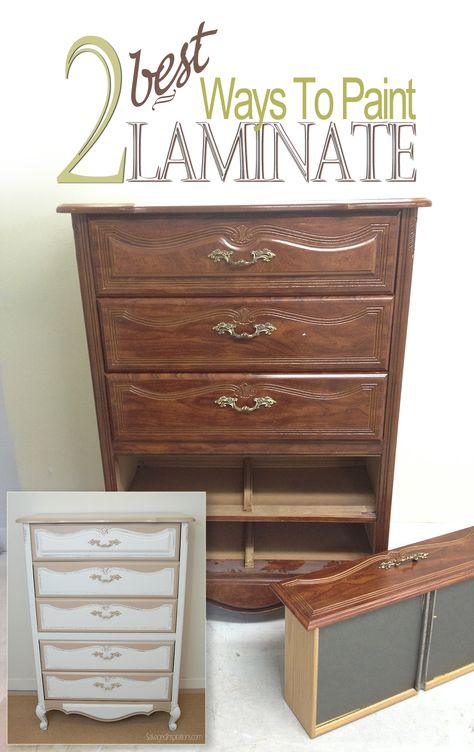 Salvaged Inspirations | The 2 Best Ways to Paint Laminate Furniture. Laminate can paint up gorgeous and its easy to do so don't pass up on those shapely pieces! Painting Laminate Dresser, Laminate Dresser, Paint Laminate Furniture, Refurbished Furniture Diy, Painting Laminate Furniture, Salvaged Inspirations, Painting Laminate, Fake Wood, Laminate Furniture