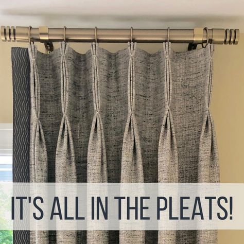 Types Of Drapery Pleats, Cartridge Pleat Curtains, Pinch Pleated Drapes Living Rooms, How To Hang Pinch Pleat Curtains, Curtain Pleats Styles, Black Curtains Living Room, Inverted Pleat Drapery, Euro Pleat Curtains, French Pleat Drapery