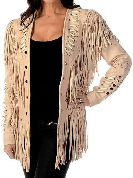 PRICES MAY VARY. Suede Leather Imported Polyester lining Button closure Hand Wash Only 【100% GENUINE SUEDE LEATHER COWGIRL JACKET 】Traditional Western Style Cowgirls Jacket made with 100% genuine Suede leather. Native American Jacket has Classic good quality leather-wear and more fashionable look. 【WESTERN FRINGE JACKETS FOR WOMEN】Excellent Cowgirl western bones and beads coat is for western style leather-wear jacket for complete cowgirl look. Excellent Fringe work on the coat the jacket is made Native American Jackets, Cream Leather Jacket, Indian Jackets, Fringe Coats, Cowgirl Look, Mode Hippie, American Western, Fringe Leather Jacket, Western Jacket