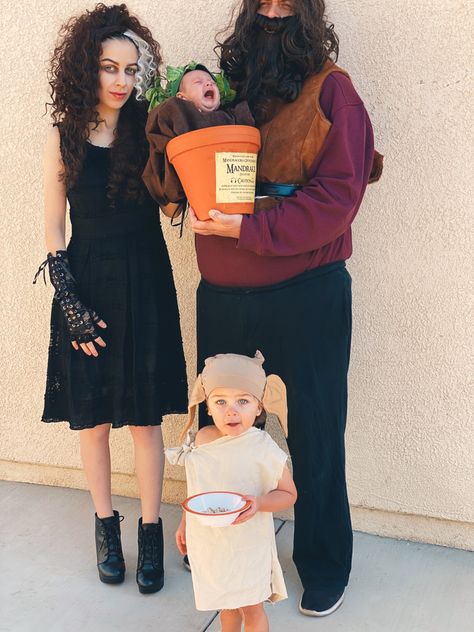 Halloween family costumes Harry Potter family of 4 two under 2 Hagrid bellatrix Lestrange Dobby the elf mandrake Harry Potter Costume Family, Harry Potter Themed Family Costumes, Harry Potter Family Halloween Costumes, Mandrake Halloween Costume, Family Halloween Costume Harry Potter, Sibling Harry Potter Costumes, Harry Potter Costumes Family, Family Of 4 Harry Potter Costumes, Costume Family Of 4