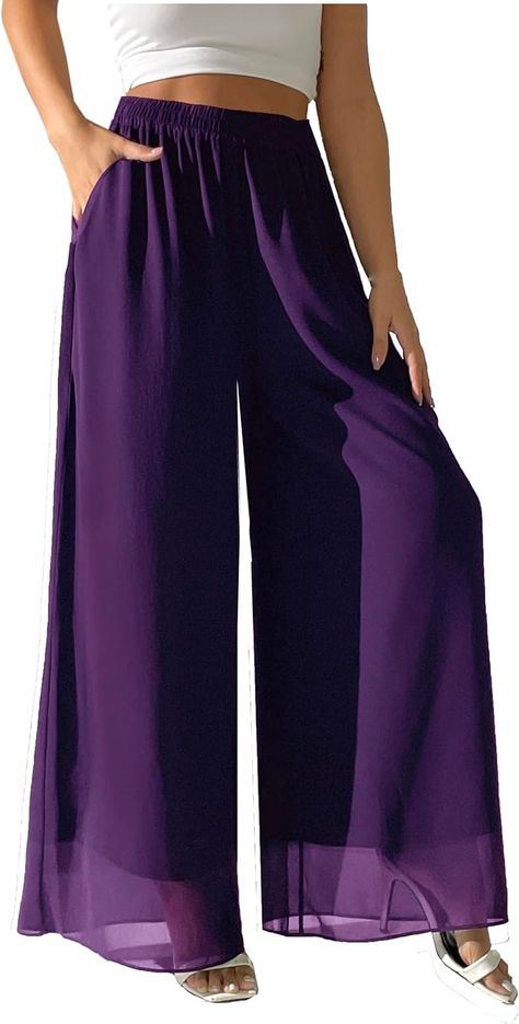 heipeiwa Women's Chiffon Dress Beach Wide Leg Palazzo Pants Elastic Waist Trouser at Amazon Women’s Clothing store Trip Pants, Ladies Pants, Wide Leg Palazzo Pants, Cocktail Wedding, Pants Elastic Waist, Elegant Ladies, Dress Beach, Wedding Formal, Palazzo Pants