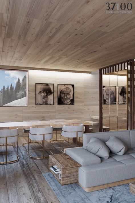 Una foto di un soggiorno di uno chalet di montagna dal design moderno, con pareti di legno chiaro, arredamento moderno e minimal. I colori sono tenui, con grigi e bianchi che contrastano il legno naturale. sulla parete vi sono due ritratti in bianco e nero di due anziani. Mountain Interior Design, Mountains Design, Nordic Boho, Mountain Interiors, Alpine Chalet, Mountain Designs, Mountain House, Design Minimal, New Home