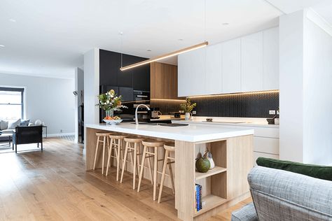 White Kitchen Countertops, Lights Over Kitchen Island, Timber Kitchen, Kitchen Island Bench, Extractor Fan, Kitchen Decorations, White Kitchen Decor, Kitchen Benches, Remodel Kitchen