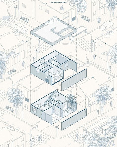 Isometric Exploded⁠ ⁠ ✍️: @sol_ms • Tag #illustrarch in your posts and stories for a chance to be featured.⁠ ⁠ 🏷️ #architecturehunter #archidesign #architecture_studentlife #architecturestyle Exploded Isometric Drawing, Axonometric Drawing Architecture Sketch, Axo Drawing Architecture, Monochrome Plan Rendering Architecture, 3d Axonometric Architecture, Isometric Section Architecture, Structural Axonometric Architecture, Architecture Axonometric Diagram, Axon Diagram Architecture