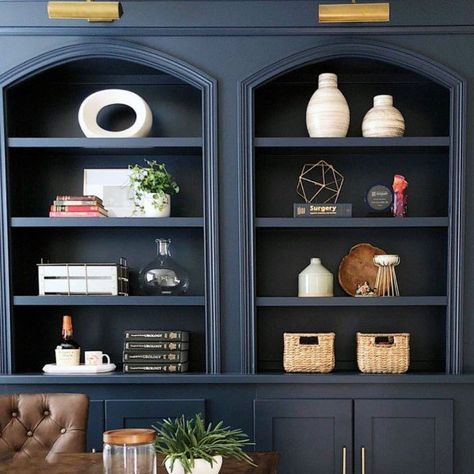 Top 60 Best Built In Bookcase Ideas - Interior Bookshelf Designs Navy Bookshelves, Book Case Styling, Built In Bookshelf, Blue Bookshelves, Dark Blue Rooms, Built In Ideas, Blue Bookcase, Built In Bookcases, Blue Room Decor