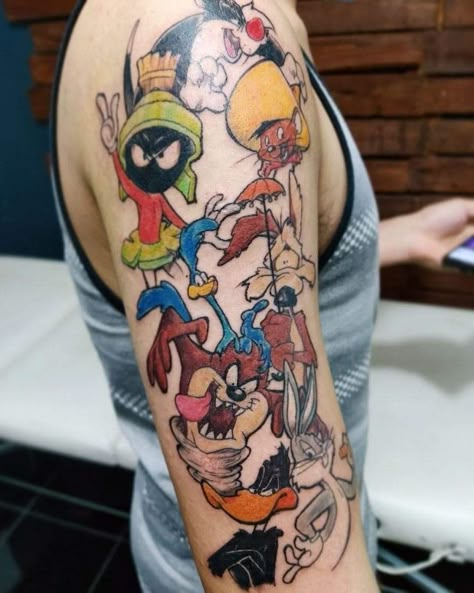 Cartoons 80s 90s Tattoos, 90s Cartoon Tattoos Sleeve Ideas, Looney Tunes Sleeve Tattoo, 2000s Cartoon Tattoo Ideas, 90s Cartoon Characters Tattoo, Cartoon Tattoos Disney, 80s Cartoon Tattoos, Looney Toons Tattoo, Loney Toones Tattoos