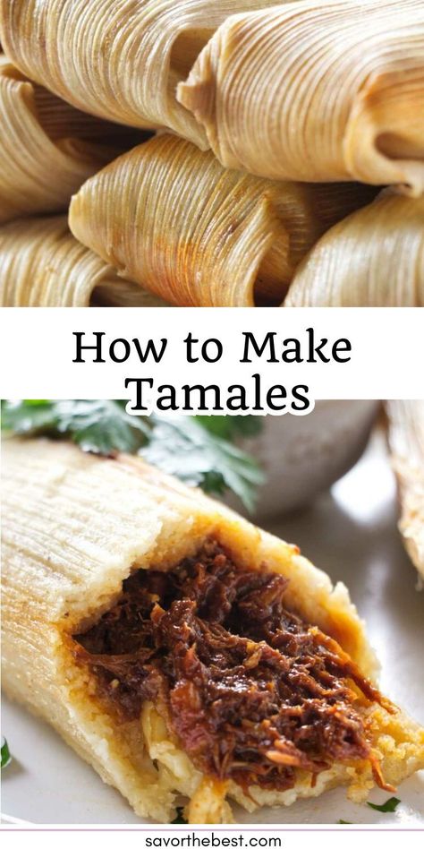 Have you ever wondered how to make homemade tamales? We’re spilling all of our tamale secrets and walking you through the steps of how to make this authentic Mexican recipe.  While tamale making is a bit time-consuming, it is well worth the effort! Our pork tamales recipe results in ultra-tender, meaty tamales with a touch of spicy and they are delicious when served with salsa, chiles, corn, and other Mexican recipes. Authentic Beef Tamales Recipe, Masa Tamales Recipes, Easy Tamales Recipe Pork, Tamales Filling Recipe, Tamales Authentic Mexican, Beef Tamales Recipe, Tamale Dough Recipe, Best Tamale Recipe, Pork Tamales Recipe