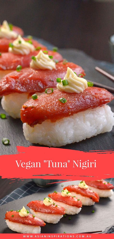 Plant-based Tuna Nigiri Sushi? This modern Japanese recipe is so easy to make, so delicious and it even looks like tuna sashimi. Try it now. Recipe by Asian Inspirations. #tuna #vegantuna #vegantunarecipe #veganrecipes #asianveganrecipes #japanesetuna Vegan Sashimi, Vegan Tuna Recipe, Sushi Vegetarian, Easy Sushi Rolls, Tuna Nigiri, Vegan Tuna, Tuna Sashimi, Sushi Roll Recipes, Easy Sushi