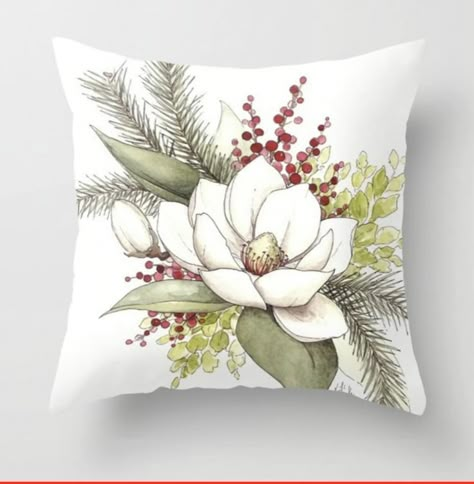 Pine Berries, Christmas Magnolia, Rose Shrub, Berries Watercolor, Magnolia Watercolor, Hand Painted Pillows, Bed Cover Design, Cushion Embroidery, Pillows Couch