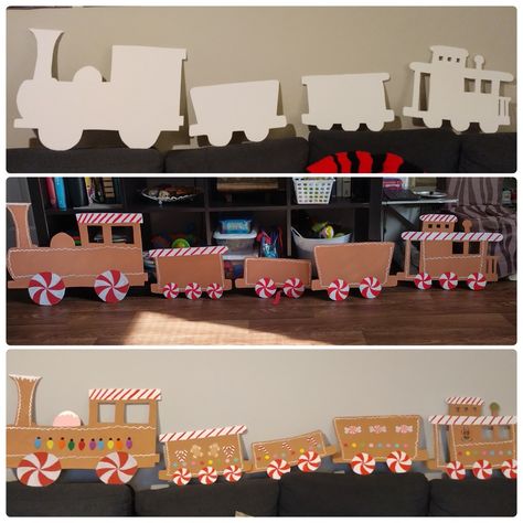 My gingerbread train Christmas Train Outdoor Decoration, Gingerbread Room Decor, Gingerbread Train Station, Gingerbread Christmas Float, Gingerbread Train Diy, Gingerbread Train Ideas, Gingerbread Hallway Decorations, Gingerbread Literacy, Alternative Christmas Tree Diy