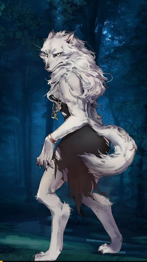 Werefox Female, Female Werewolf Art Character Design, White Werewolf Female, Werewolf Oc Female, White Werewolf Art, Female Werewolf Character Design, Female Lycan, Worgen Female, Lycan Female Werewolves