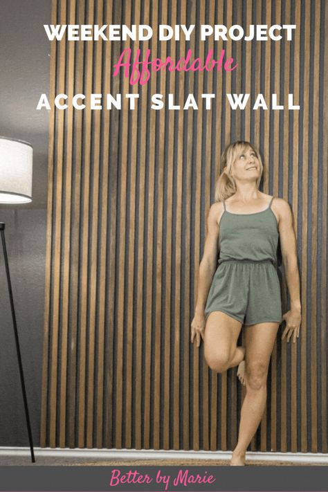 Affordable Room Makeover with this easy slat wall. This modern midcentury accent wall is a perfect weekend DIY project. Get the look for a fraction of the price when using plywood strips compared to solid wood boards. This slat wall adds instant character to any room: a boho themed home office or a relaxing, natural and neutral colored bedroom. Half Wood Slat Wall, Modern Slat Wall, Colored Bedroom, Wooden Slat Wall, Neutral Color Bedroom, Wood Boards, Plywood Sheets, Dark Wall, Weekend Projects