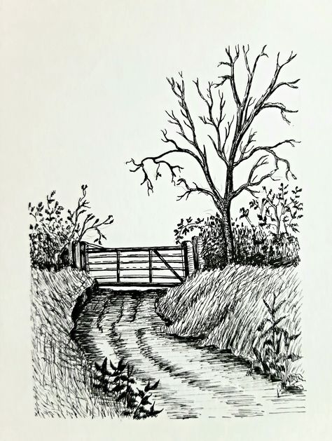 Sharpie Landscape Drawings, Country Landscape Drawing, Ink Pen Drawings Easy, Farm Landscape Drawing, Pen Sketch Landscape, Pen And Ink Drawings Simple, Country Sketches, Countryside Drawing, Farm Sketch