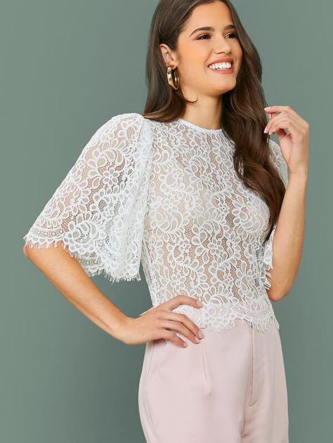 Formal Tops For Women, Lace Overlay Top, Without Bra, Virtual Wardrobe, Formal Tops, Overlay Top, Lace Neckline, Shein Style, Sheer Sleeves