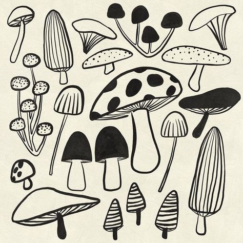 Mushroom Pattern Illustration, Mushroom Folk Art, Doodles Mushrooms, Coloring Pages Mushrooms, Toadstool Drawing, Mushrooms Drawings, Mushroom Calendar, Mushroom Doodle, Mushrooms Illustration