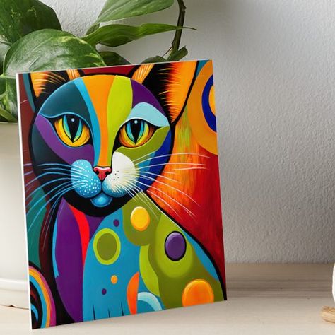 Professionally printed on firm, textured mat boards perfect for desks and shelves. Supplied with 3M velcro dots to easily affix to walls. Available in standard sizes. cat, kitten, cat lover, abstract cat, colorful drawing Cats Abstract Art, Cat Canvas Painting Ideas, Simple Cat Painting Acrylic, Mood Boards Painting, Simple Animal Paintings, Quirky Paintings, Kitten Craft, Abstract Cat Painting, Abstract Cat Art