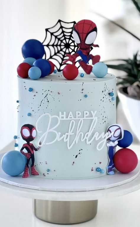 Spidey And His Amazing Friends Cake Idea, Spider Man And Friends Birthday Cake, Spidey Dessert Table, Spider And Friends Birthday Cake, Spider-man And His Amazing Friends Cake, Spiderman Cake 2 Tier, Spider Man 3rd Birthday Cake, Spidey Cake Birthday Boys, Spidey And Friends Birthday Party Decorations