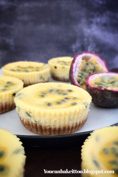 These Mini Passionfruit Cheesecakes are so easy and quick to make.  They have a lovely biscuit base with a delicious layer of cheesecake topped with some fresh passionfruit pulp.  They are great to make for parties or just because you love cheesecakes. #cheesecake  #cheesecakerecipes  #passionfruit  #recipe  #easyrecipe  #delicious  #baking Baked Passionfruit Cheesecake, Grenadilla Recipes, Lilikoi Cheesecake Recipes, Grenadella Recipes, Lilikoi Cupcakes, Granadilla Cheesecake, Cheesecake Slice, Passionfruit Cheesecake, Mini Cheesecakes Easy