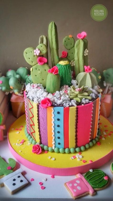 suculentas cake for fiesta shower or first birthday Cactus Cakes, Succulents Cake, Torte Creative, Cactus Birthday, Succulents Wedding, Succulent Cake, Cactus Cake, Fiesta Cake, Colorful Cake