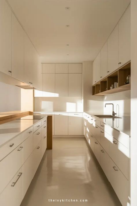 Minimalist kitchen with white cabinets, glossy countertops, and warm sunlight streaming through a window. Modern White Cabinets, White Glossy Kitchen, Kitchen Design Modern Luxury, White Kitchen Handles, High End Kitchen Design, Ivy Kitchen, White Modern Kitchen Ideas, White Kitchen Designs, White Contemporary Kitchen