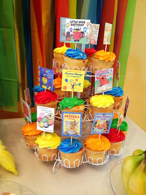 Reading Rainbow Birthday Party, Book Theme Desserts, 2nd Birthday Book Theme, Storybook Birthday Cake, Bookworm Birthday Cake, Book Themed 2nd Birthday Party, Chapter One First Birthday Party, Book Themed Cupcakes, Books Birthday Party Theme