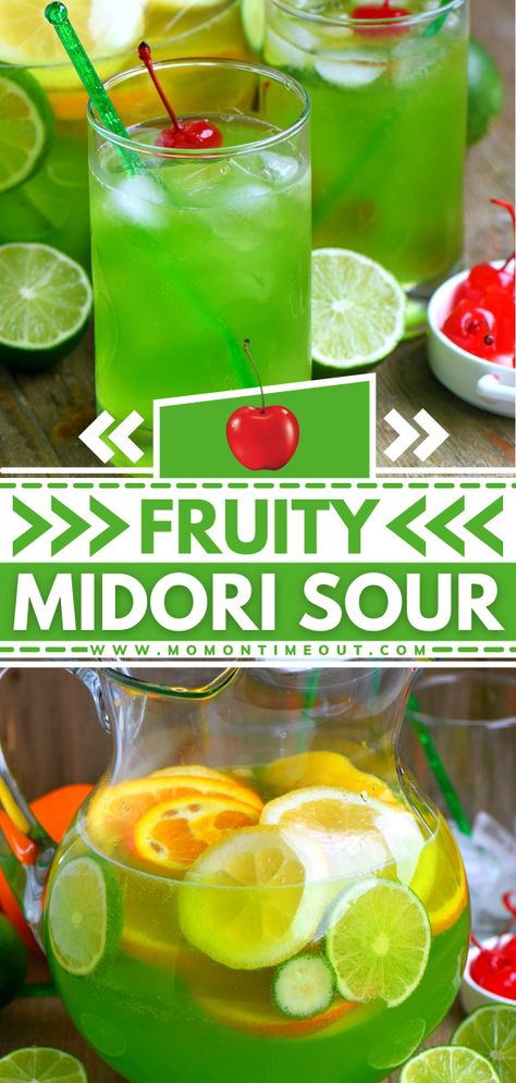 Midori Sour Recipe Punch Recipes Alcholic Green, Green Punch Alcohol, St Patricks Day Punch Alcohol, Green Boozy Punch, Green Drink Recipes Alcohol, St Patrick’s Day Cocktail Pitcher, Easy Green Drinks Alcohol, Easy Green Alcoholic Drinks, Green Alcoholic Drinks St. Patrick's Day