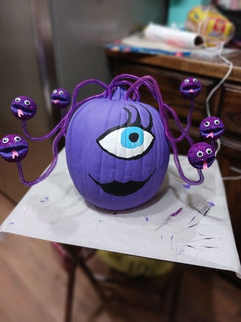 Monsters Inc. character pumpkin Trolls Pumpkin Decorating, Monsters Inc Pumpkin Painting Ideas, Boo Monsters Inc Pumpkins Painted, Pumpkin Decorating Ideas Book Character, Pixar Pumpkin Painting, Octopus Pumpkin Decorating, Inside Out 2 Pumpkin Painting, Disney Themed Pumpkins, Decorate Pumpkin Ideas For Contest