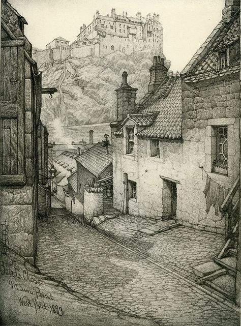 Old Houses of Edinburgh  -  Drawings by Bruce J Home  -  Thumbnail images Old Village Drawing, Old Houses Drawing, Old City Drawing, Edinburgh Drawing, Edinburgh Architecture, Town Drawing, Village Drawing, Castle Drawing, Architecture Drawing Sketchbooks