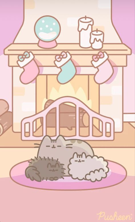 Pusheen X Hello Kitty Wallpaper, Kawaii Snow Wallpaper, Pusheen Wallpaper Iphone, Kawaii Christmas Wallpaper, Wholesome Aesthetic, Sanrio Winter, Pusheen Christmas, Fireplace Tv Wall Decor, Christmas Wallpaper Iphone Cute