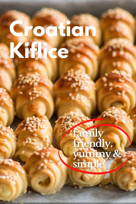 Looking for the perfect family friendly snack? We have you covered with our recipe for Kiflice!  In Croatia, it can be found in numerous shapes and sizes. Fillings also vary between regions. They can be salty or sweet, stuffed with ham, cheese, vanilla, walnut, poppy paste, and many others. #croatainfood, #traditionalcroatianrecipes, #Croatiancuisine, #sweet&savoury Salty Finger Foods, Croatian Food Recipes, Traditional Croatian Food, European Meals, Croation Recipes, Kiflice Recipe, Croatian Cuisine, Macedonian Food, Serbian Food