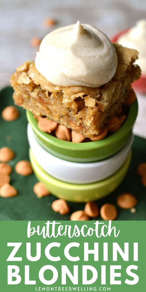 Moist, chewy Butterscotch Zucchini Blondies with Brown Sugar Buttercream Frosting. One bite and you'll never wonder what to do with your zucchini again! Zucchini Blondies Recipe, Butterscotch Zucchini Blondies, Zucchini Blondies, Sugar Free Bread, Butterscotch Bars, Zucchini Cookies, Zucchini Recipes Dessert, Blondie Brownies, Blondies Recipe