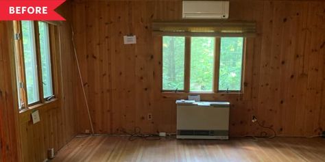 Cabin Makeover Before After, Cabin Renovation Before And After, Cabin Remodel Before And After, Cabin Interiors Living Room, Old Cabin Interior, Cabin Interiors Cozy, Log Cabin Renovation, One Room Cabin, 1950s Summer