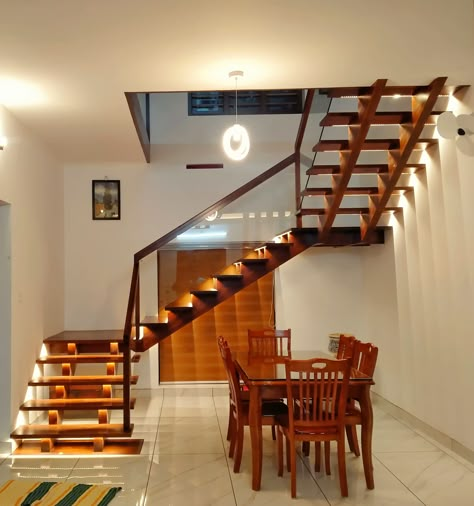 Stair Case Design Kerala, M S Staircase Design, Dining Room Near Staircase, Staircase Design New Model, Dining And Staircase, Dining Near Staircase, Latest Staircase Railing Designs, Latest Stairs Design, Staircase In Dining Room