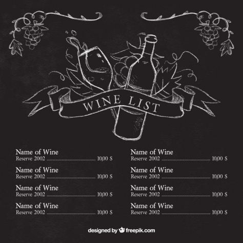 Wine list template with sketches on blackboard Free Vector Wine Chalkboard Ideas, Wine Menu Chalkboard, Wine Chalkboard Art, Beer Chalkboard Art, Wine Chalkboard, Bar Chalkboard Ideas, Blackboard Design, Chalkboard Restaurant, Chalk Menu