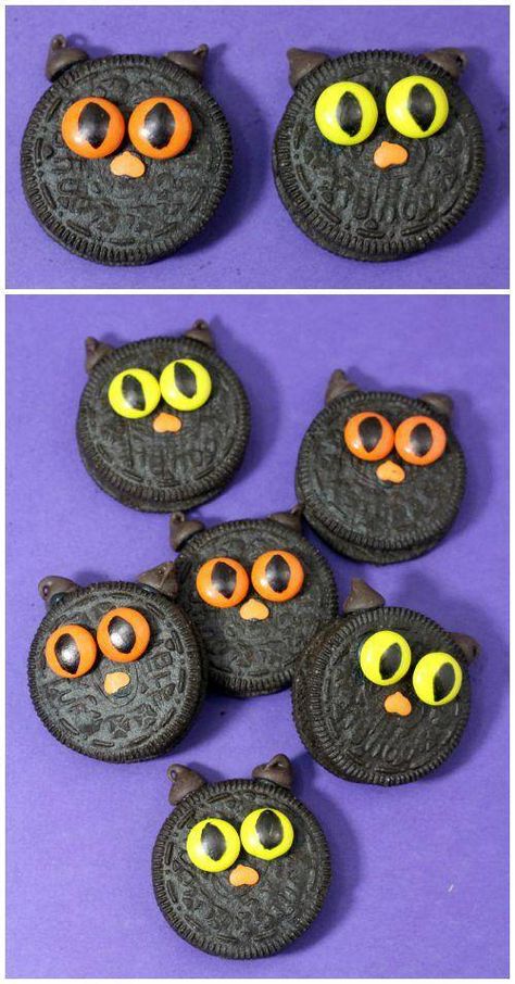 Halloween Black Cat Oreos Recipe for an easy Halloween Party Treat or Snack for Kids! Easy Halloween Party Treats, Gluten Free Halloween Treats, Easy Halloween Cookies Recipes, Black Cat Cookies, Easy Halloween Cookies, Gluten Free Halloween, Halloween Snacks For Kids, Halloween Cookie Recipes, Halloween Party Treats