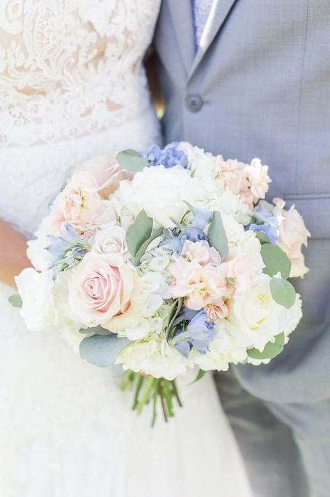 Bridal Bouquet Dusty Blue And Blush, Pink White And Blue Bridal Bouquet, Formal Bridal Bouquet, White Blush Blue Bouquet, Pink White Blue Bouquet, Periwinkle And Blush Wedding, White Pink Blue Wedding Bouquet, Oversized Wedding Bouquet, Bridal Bouquet Styles Shape